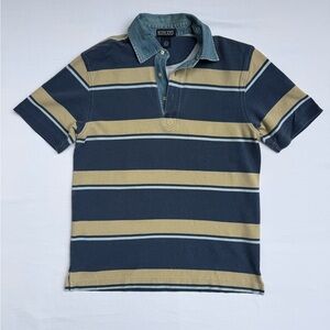 Y2K polo Lands' End Navy, Tan and Light Blue Striped Rugby Polo
